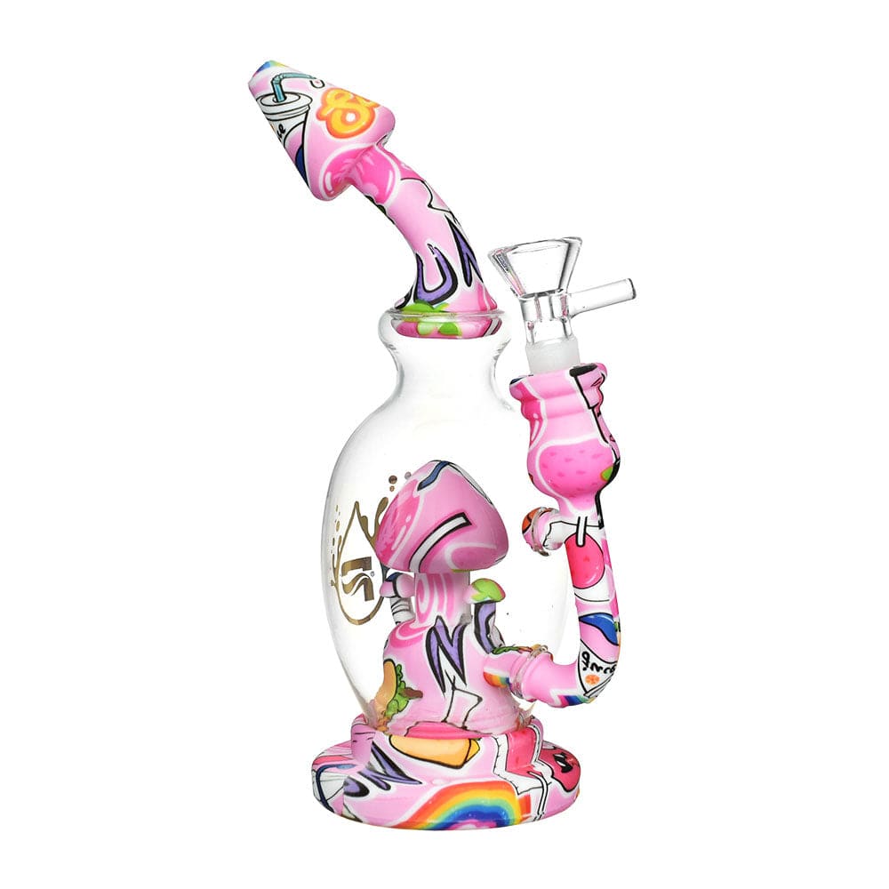 Front view of the Pulsar Shroom Celebration Water Pipe, a colorful, mushroom-shaped glass piece with a flared base and intricate details.