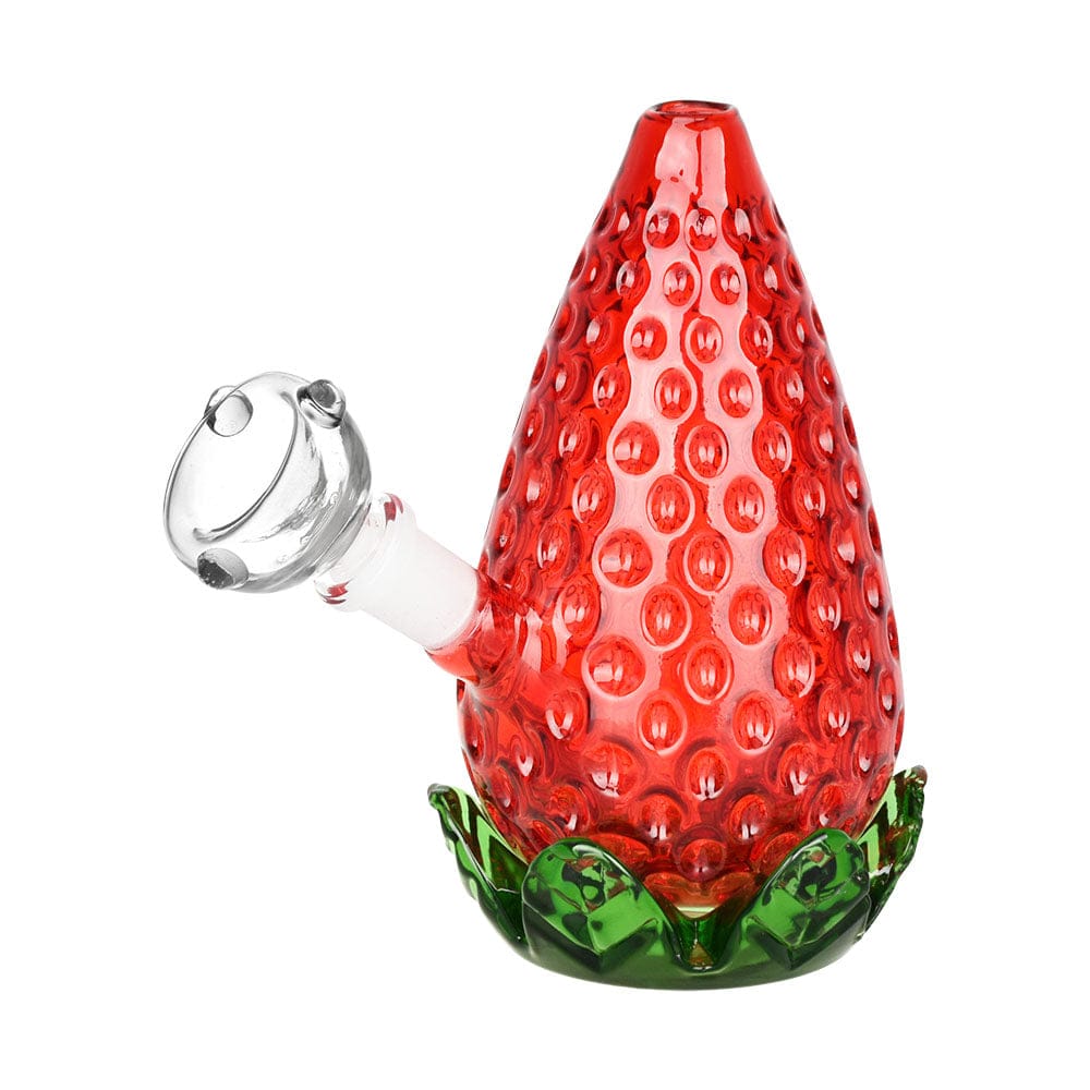 A front view of the Strawberry Glass Bubbler – 4.25” / 10mm F, showcasing its red glass and textured base against a plain background.
