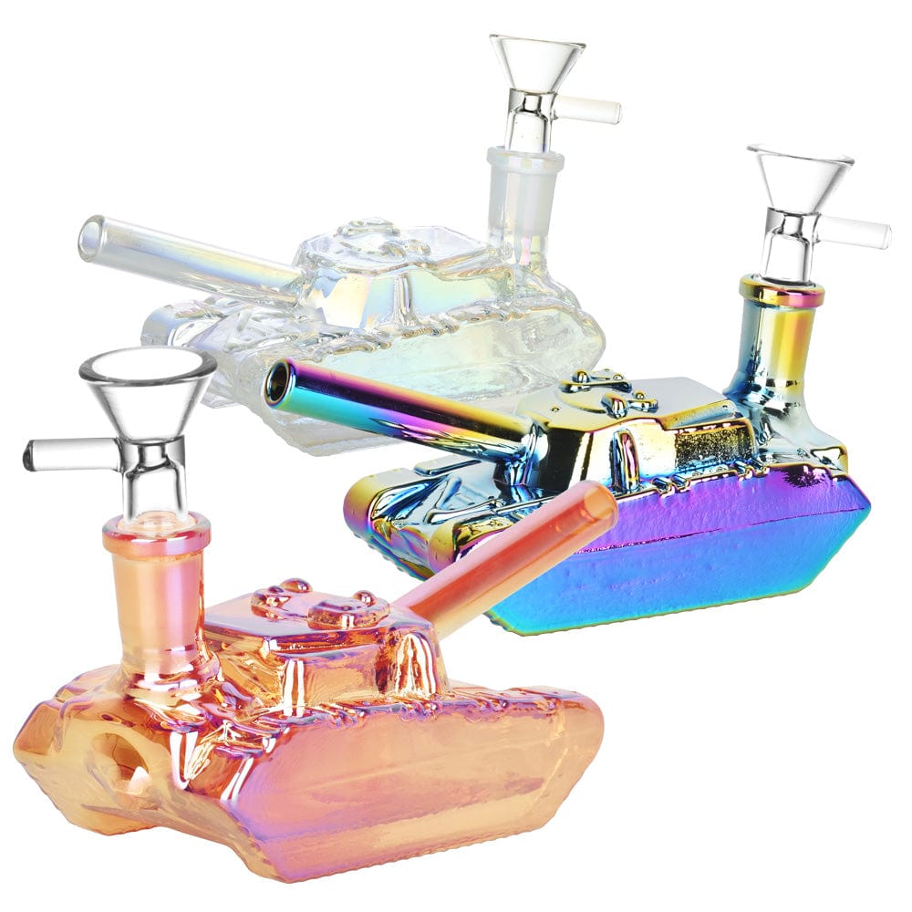 A vibrant, side view of the Friendly Fire Tank Bubbler, showcasing its colorful glass design and 14mm connection.