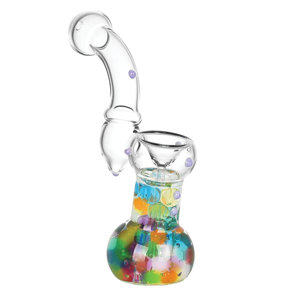 A side view of the 6.75” Kaleidoscopic Orbs Bubbler Pipe, showcasing its colorful, orb-patterned glass design.