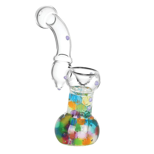 A side view of the 6.75” Kaleidoscopic Orbs Bubbler Pipe, showcasing its colorful, orb-patterned glass design.