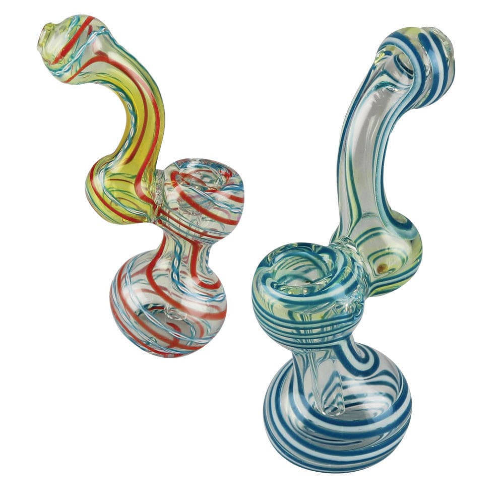 A close-up, angled view of the 5.5" Mini Bubbler Glass Pipe, showcasing its colorful glass design against a plain white background.