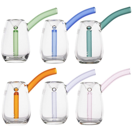 A front view of the MJ Arsenal Bulb Mini Bubbler, displaying several color variations of the small, rounded glass bubbler.