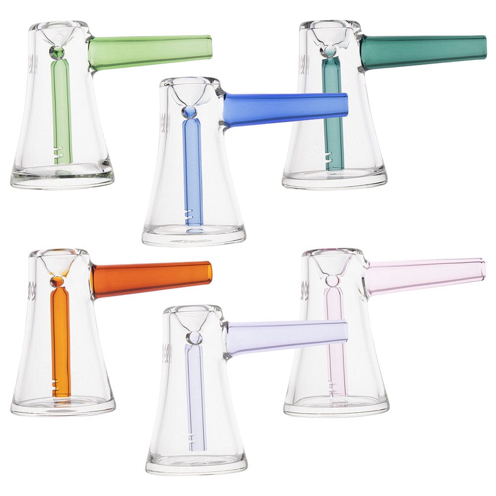 Front view of the MJ Arsenal Vulkan Mini Bubbler, a 4-inch glass piece with a clear body and angled mouthpiece.