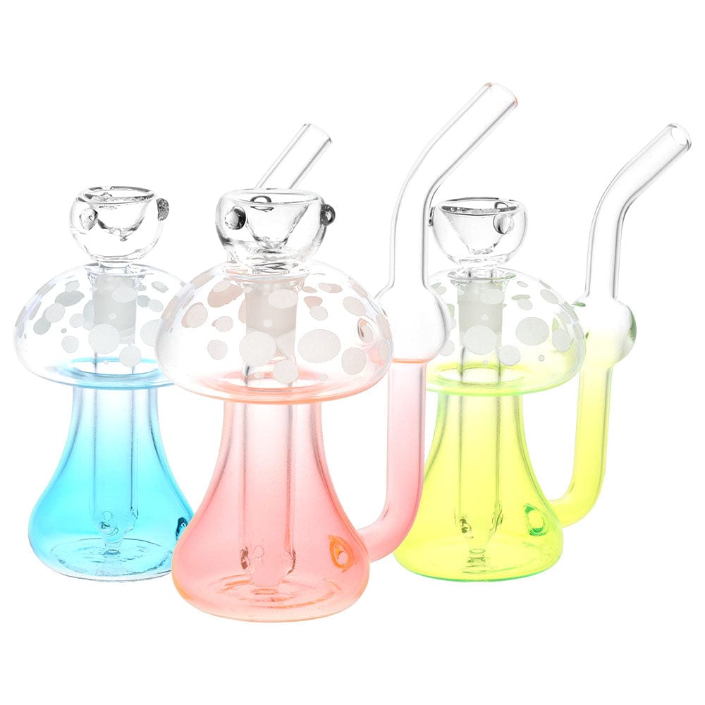 Front view of the Phosphorescent Fungi Glow in the Dark Glass Bubbler, showcasing its colorful, mushroom-shaped design in a studio setting.
