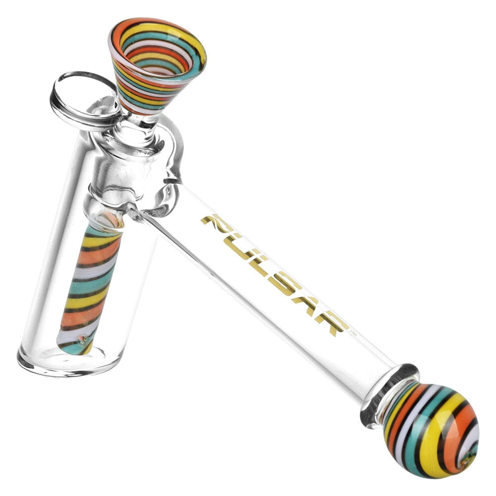 A side view of the Pulsar Retro Rave Wig Wag Bubbler with a colorful, patterned sphere and clear glass stem.