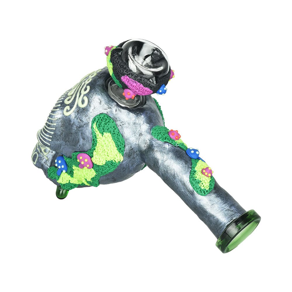 Front view of the 8-inch Pulsar Voodoo Skull Bubbler Pipe, featuring a patterned skull design with colorful floral accents.