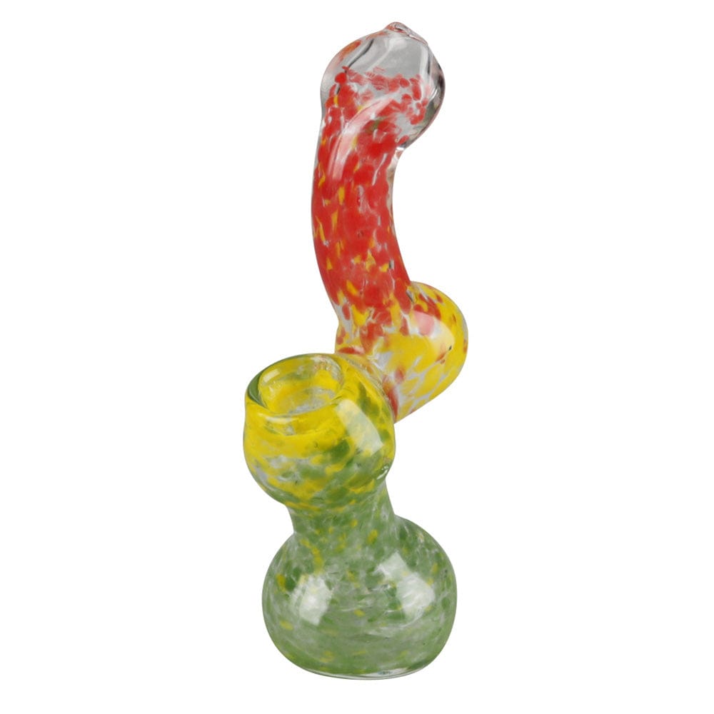 A front view of the Rasta Bubbler Hand Pipe, featuring a colorful glass design with a curved neck.