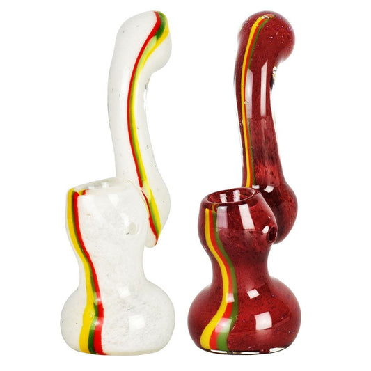 Front view of the Rasta Stripe Frit Glass Bubbler, showcasing its colorful, patterned glass construction.