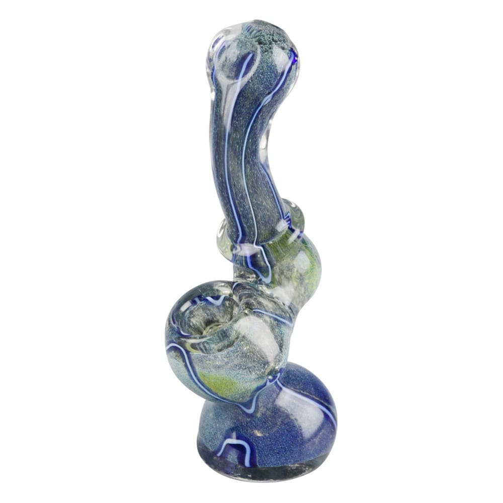 A front view of the Worked Fritted Bubbler Hand Pipe, showing a clear glass bubbler with fritted accents.