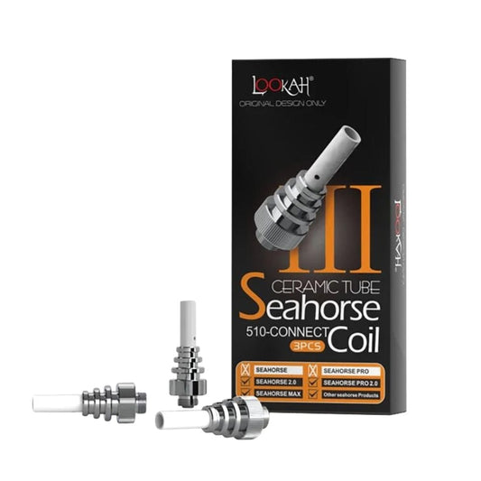 Close-up of the Lookah Seahorse Ceramic Tube 510 Thread Coil III, showcasing its metallic threading and cylindrical shape against a dark background.
