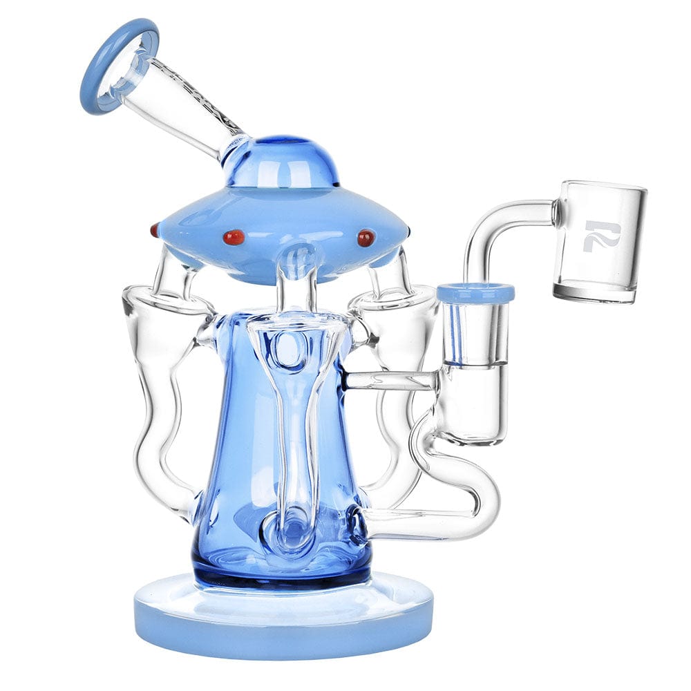 A studio shot of the Pulsar Friendly Visitors Recycler Dab Rig, featuring a blue glass design and complex curves.