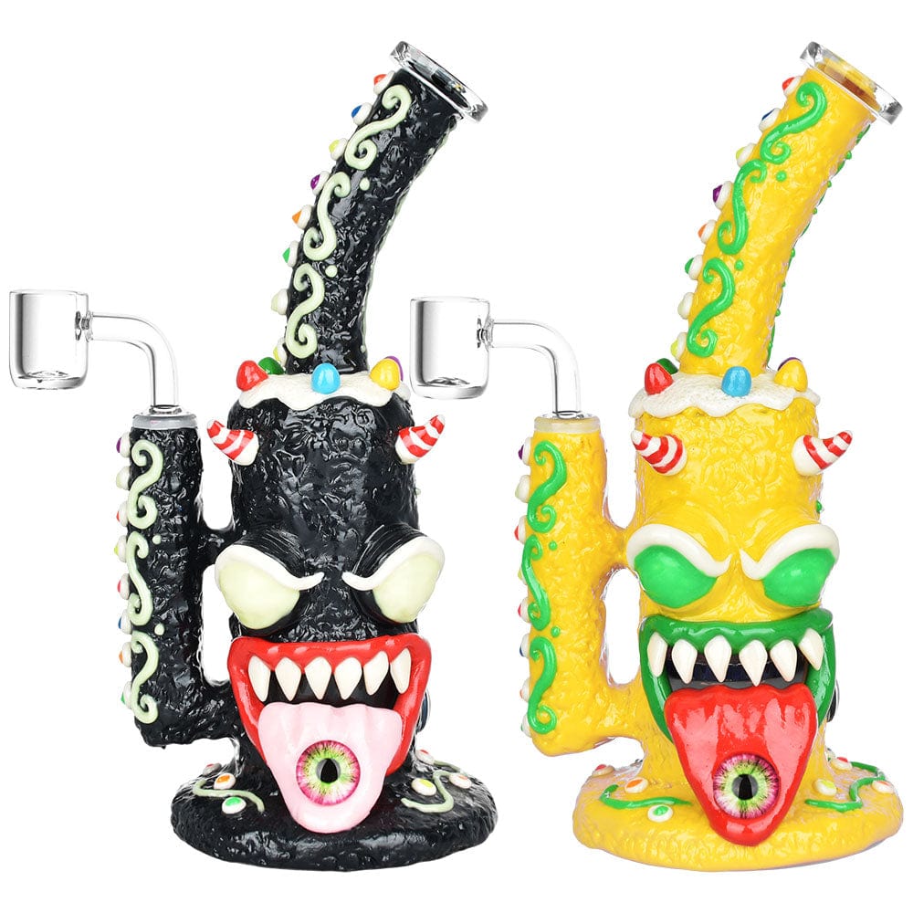 A front view of the Gingerbread Monster Dab Rig, showing a colorful, monster-themed glass rig with a visible joint.