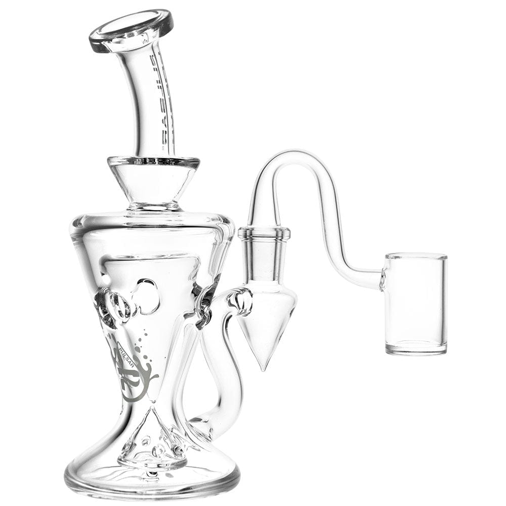 A three-quarter view of the clear Pulsar Chalice Dab Rig, showing its curved neck and the joint for attachments.