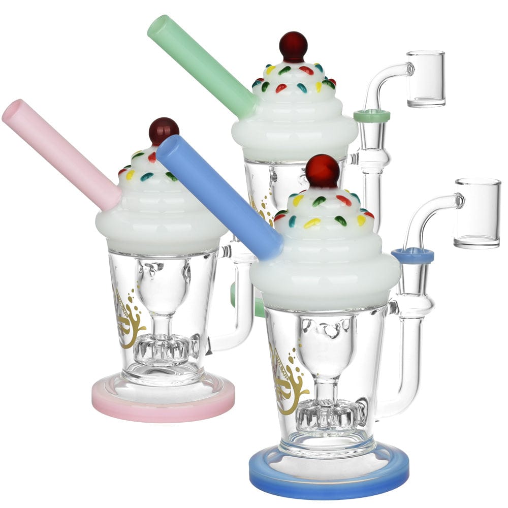 A side view of the Pulsar Cherry On Top Recycler Dab Rig, featuring a colorful, frosted glass design with a visible joint.