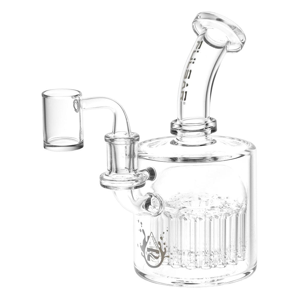 A three-quarter view of the clear glass Pulsar Thirty-Arms Dab Rig, displaying its intricate multi-arm percolator design.