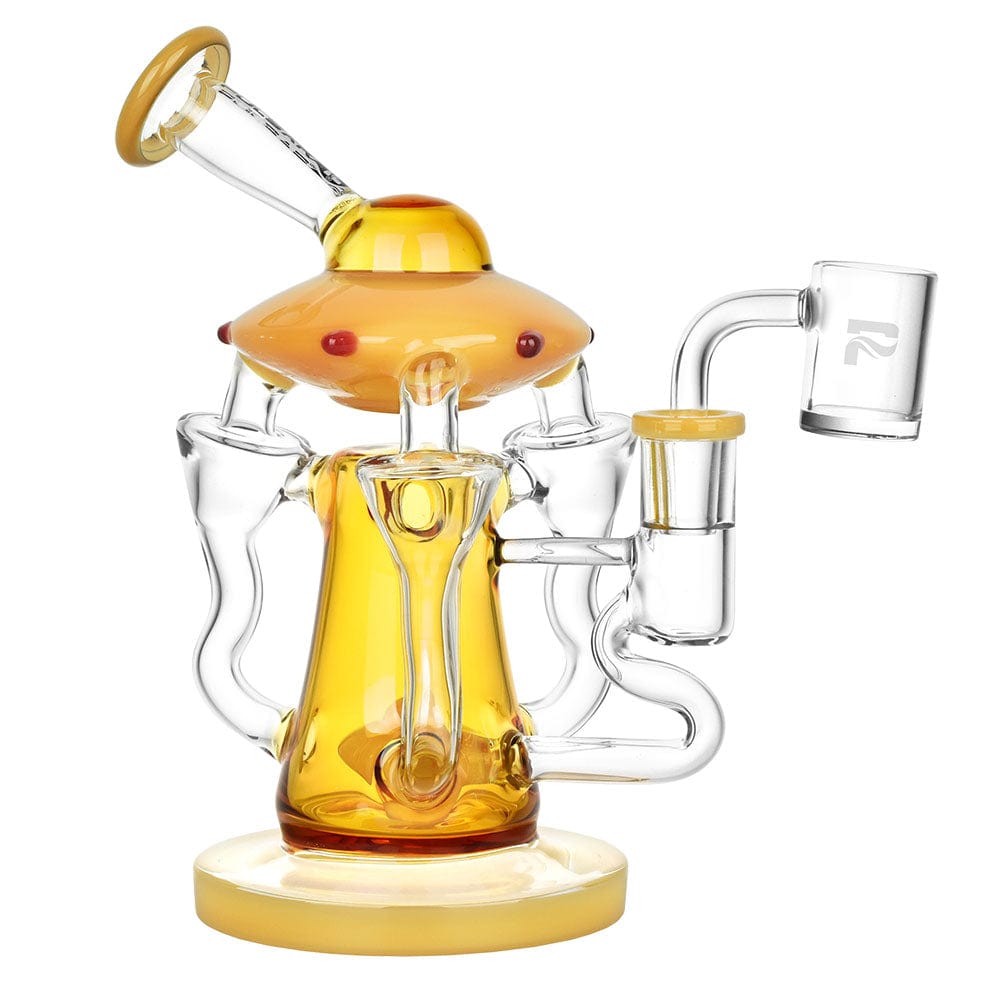 A three-quarter view of the Pulsar Friendly Visitors Recycler Dab Rig, showcasing its colorful glass construction and unique shape.