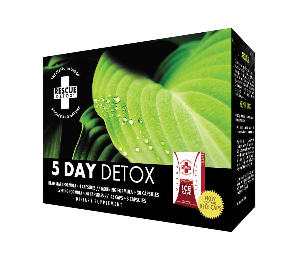Front view of the Rescue Detox 5 Day Detox Kit packaging with bold text and graphics on a white background.