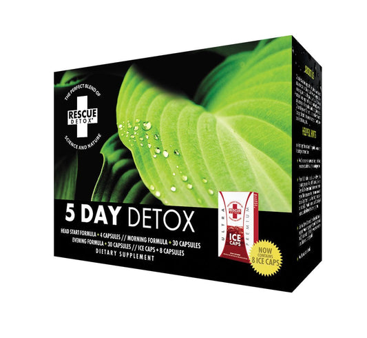 Front view of the Rescue Detox 5 Day Detox Kit packaging with bold text and graphics on a white background.