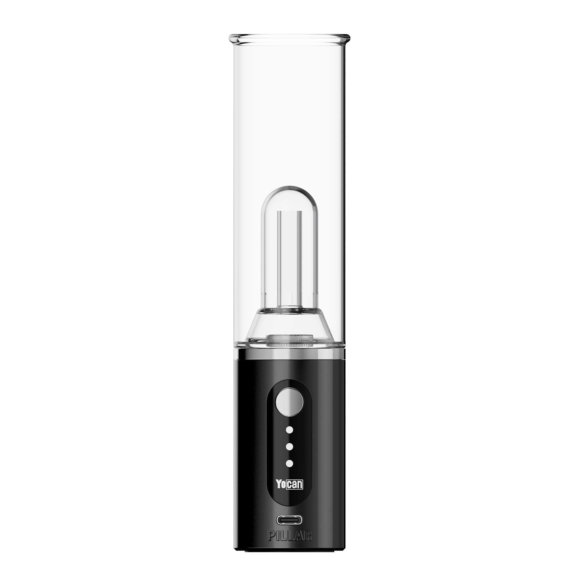 A front view of the Yocan Pillar TGT Tech Electric Dab Rig, featuring a sleek, cylindrical design with a metallic finish.
