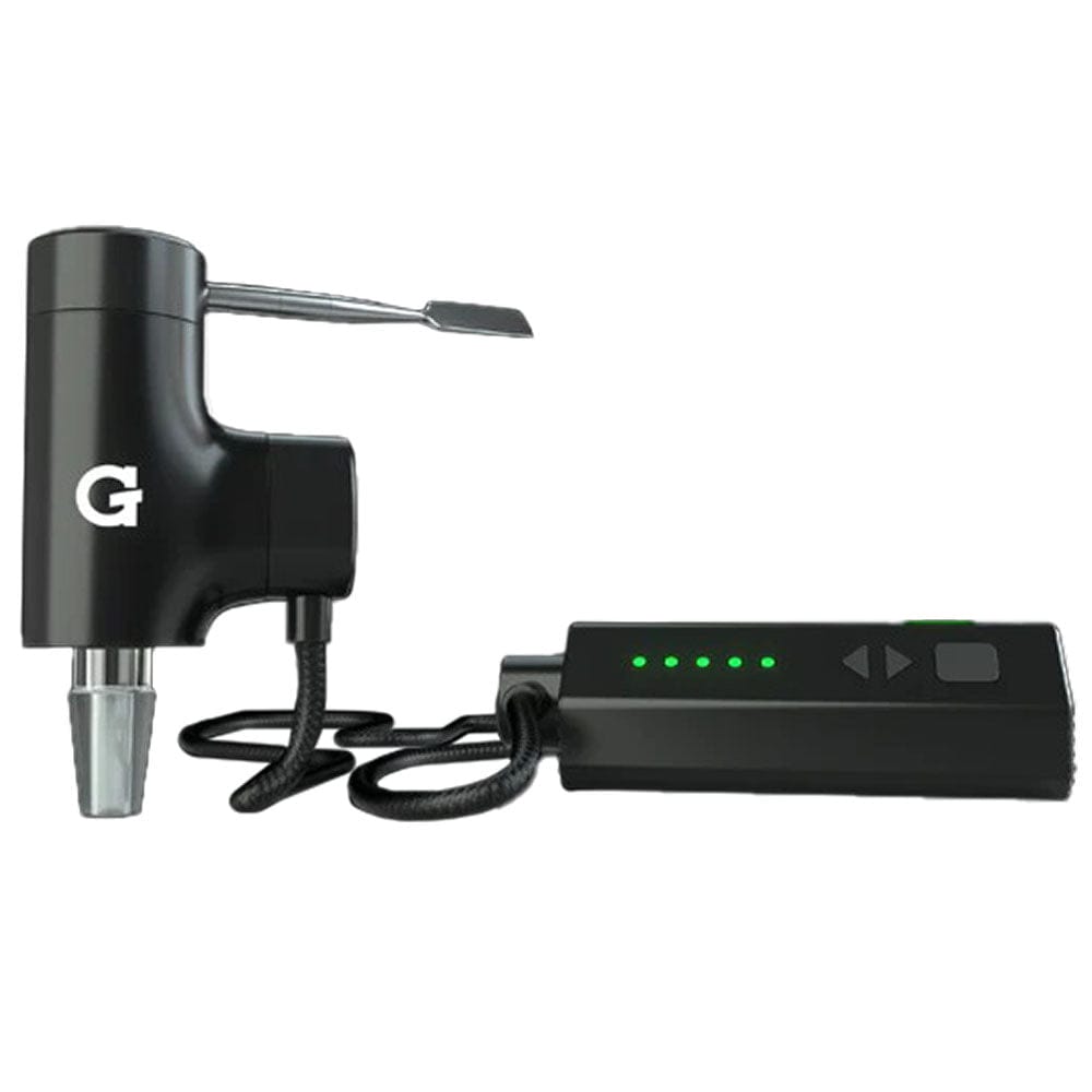A close-up of the black G Pen Hyer Vaporizer Electric Dab Rig, showing its sleek design and cable connection.