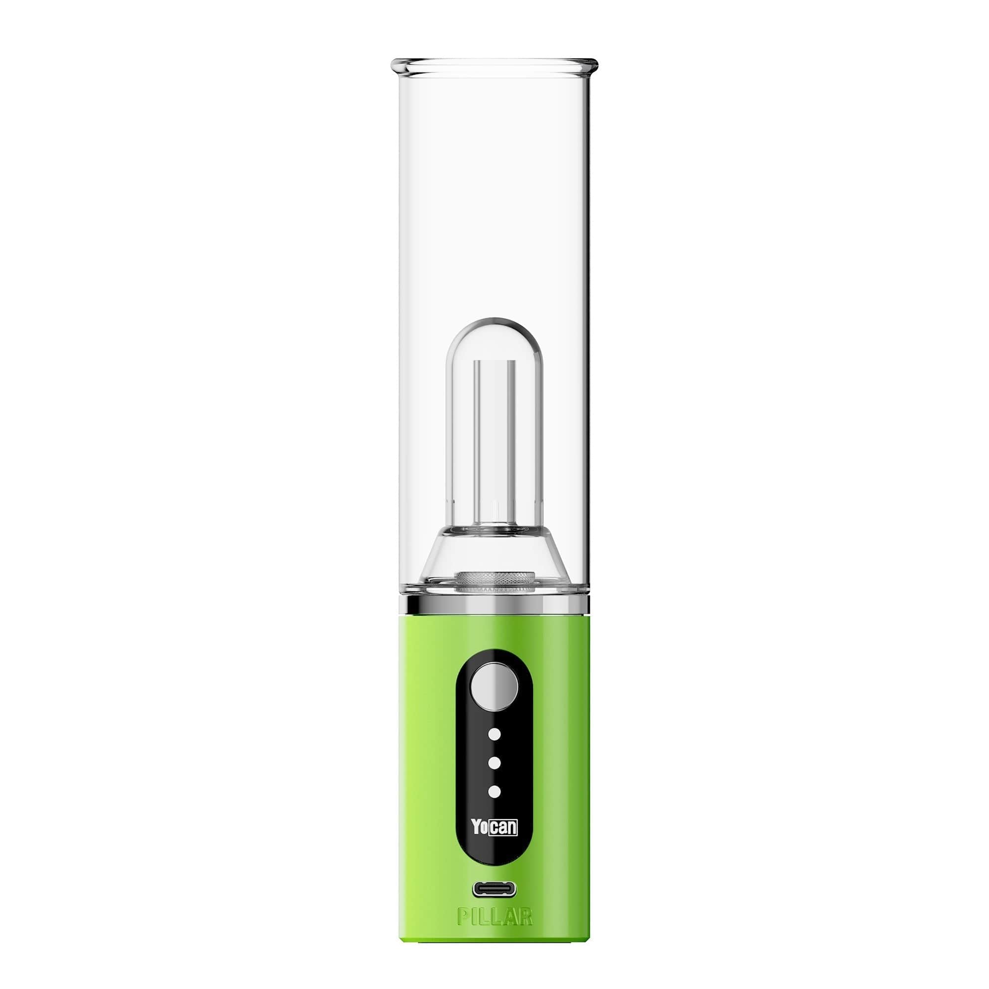 Front view of the Yocan Pillar TGT Tech Electric Dab Rig, showcasing its sleek, silver finish and compact design.