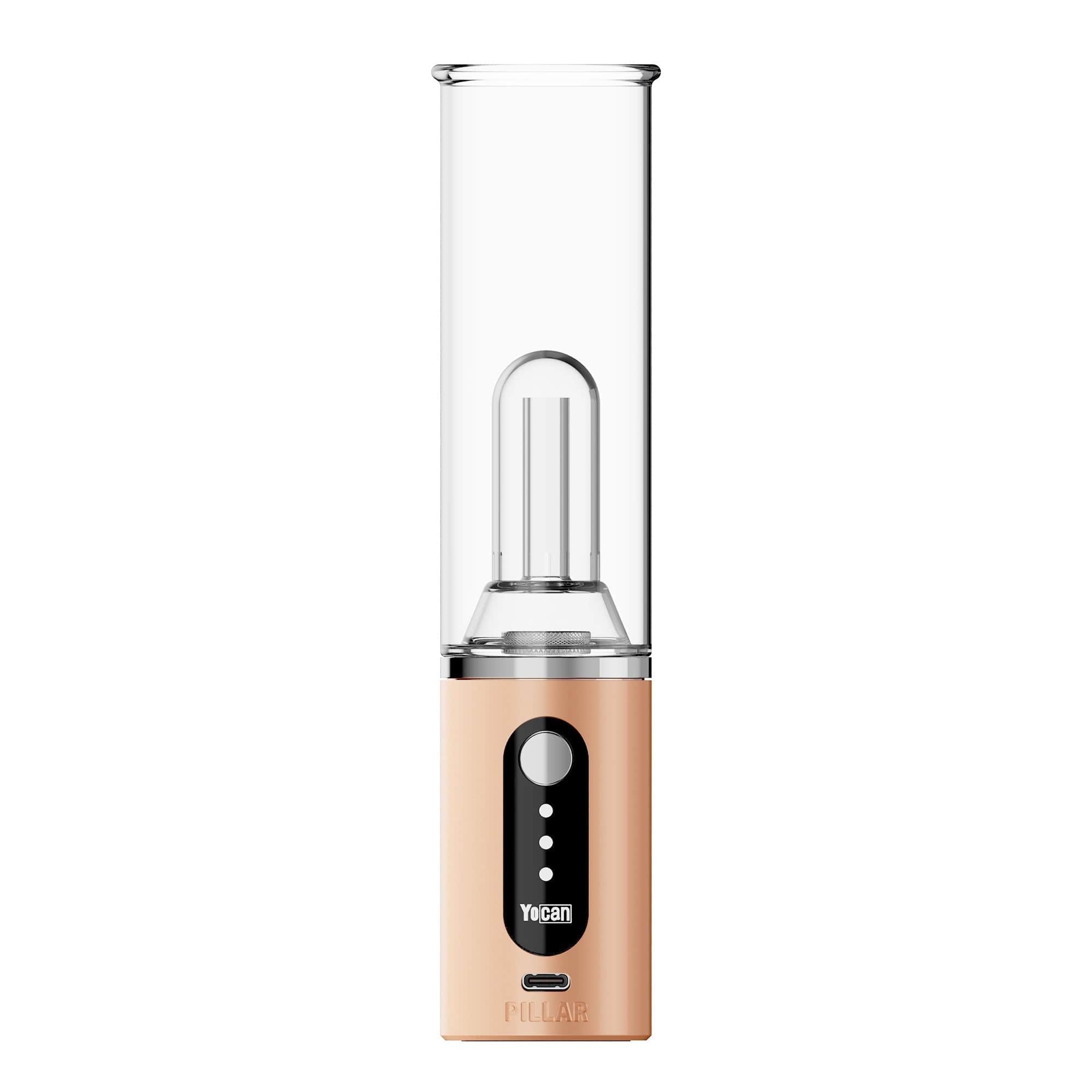 A studio shot of the Yocan Pillar TGT Tech Electric Dab Rig, showing its sleek, cylindrical design against a white background.