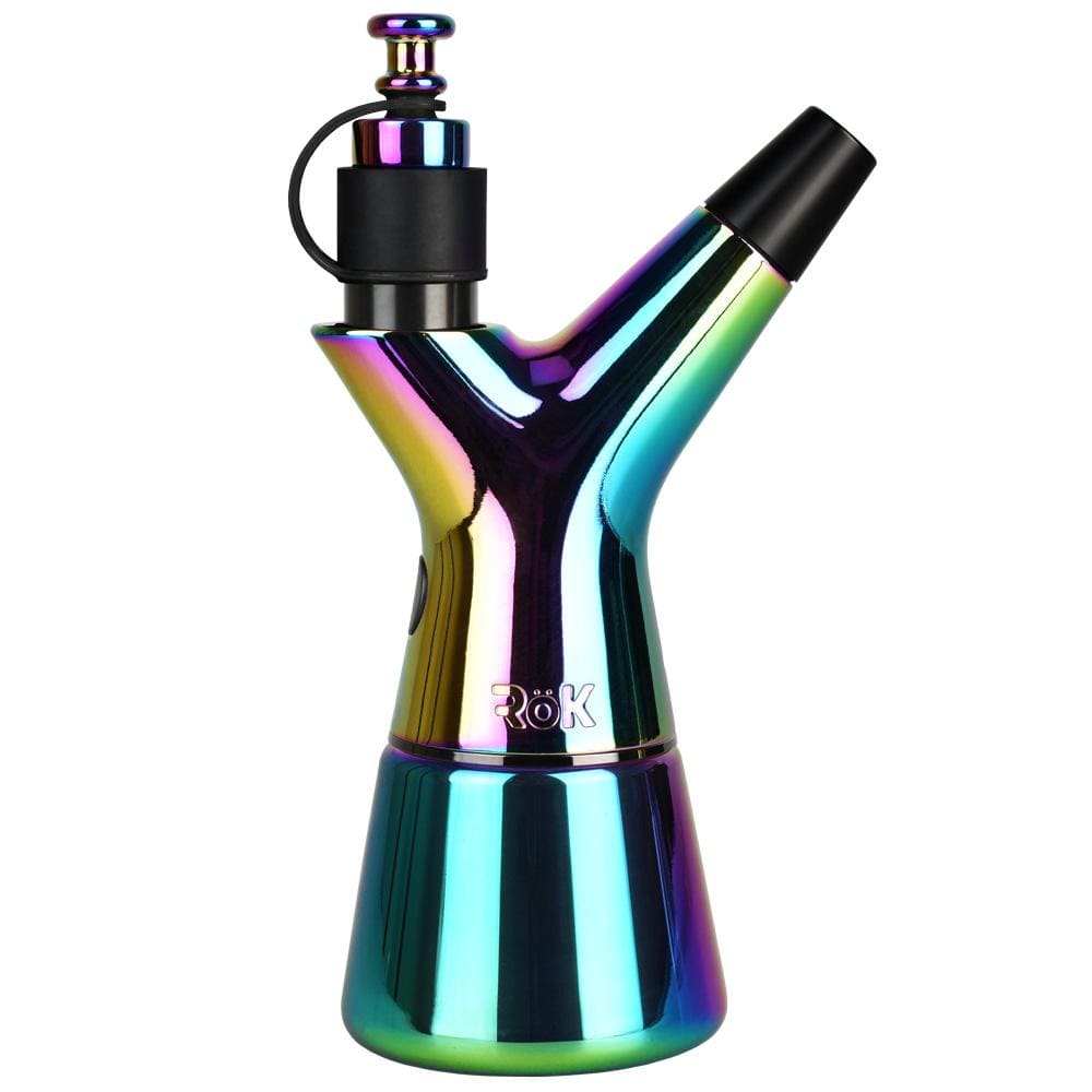 Front view of the Pulsar RöK Electric Dab Rig, displaying a full spectrum colored glass body with a metallic accent.
