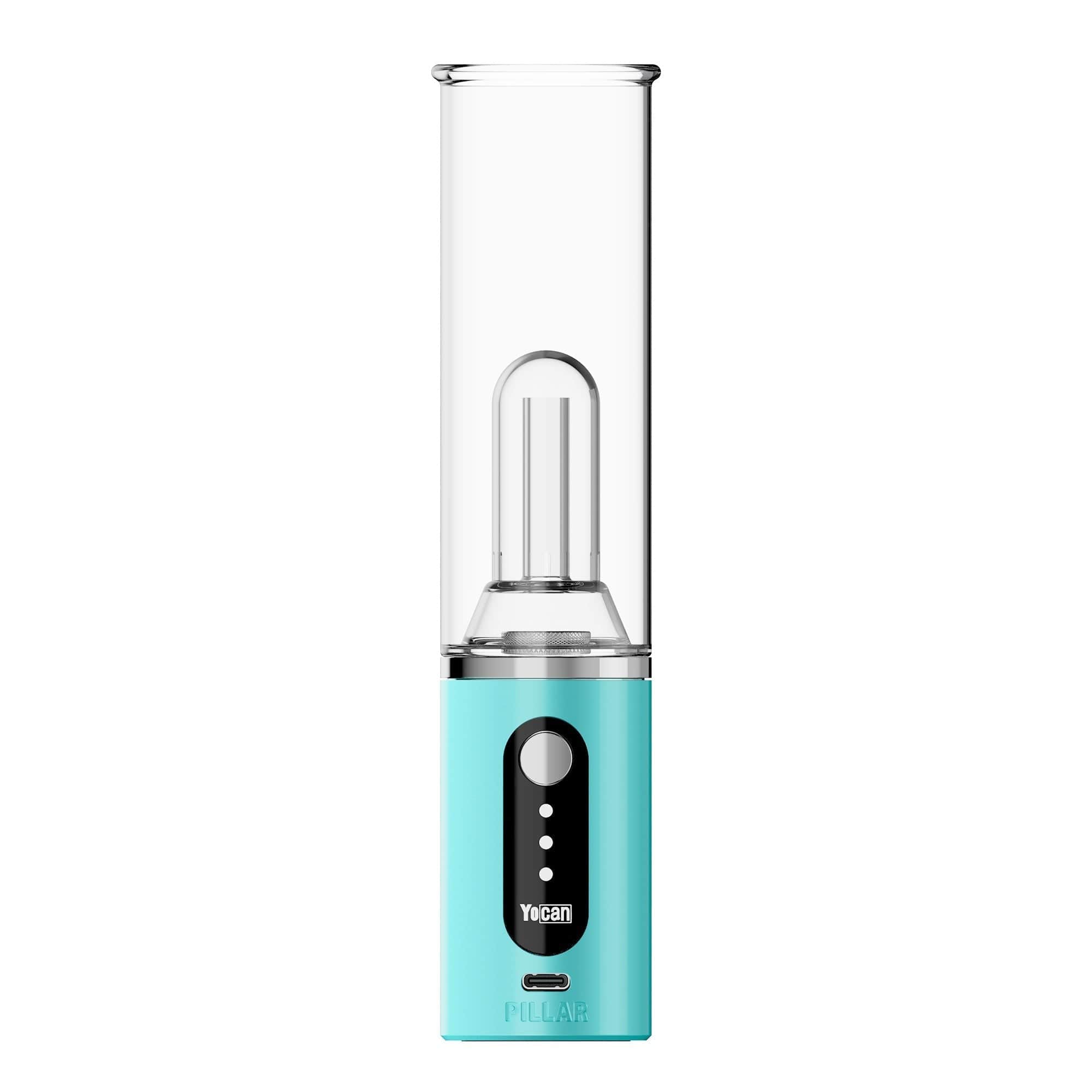 Front view of the Yocan Pillar TGT Tech Electric Dab Rig, a sleek, silver device with a transparent glass chamber.