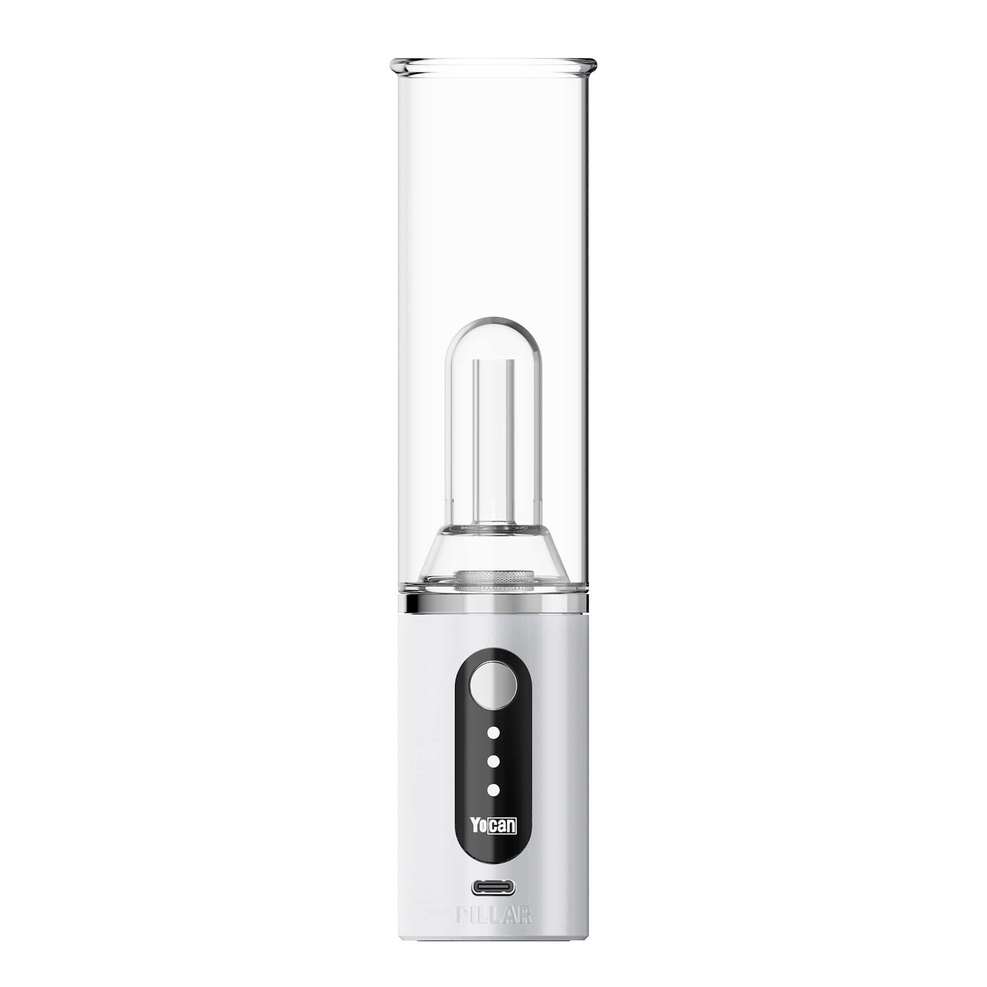 Front view of the Yocan Pillar TGT Tech Electric Dab Rig, showcasing its sleek, cylindrical shape and metallic finish.