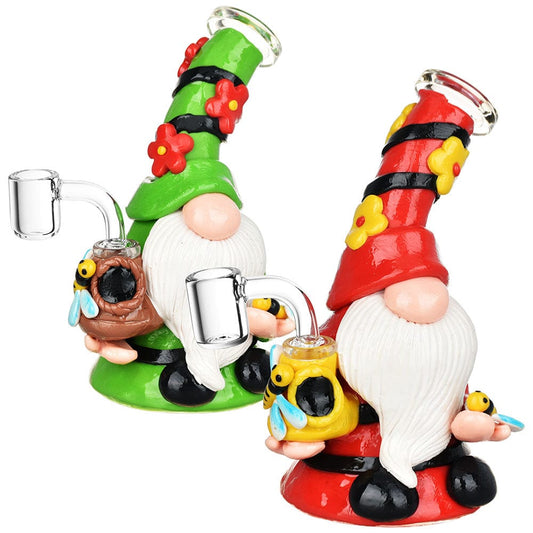 Front view of the 7-inch Flower Gnome Glass & Enamel Dab Rig, featuring a colorful, whimsical gnome design with floral accents.