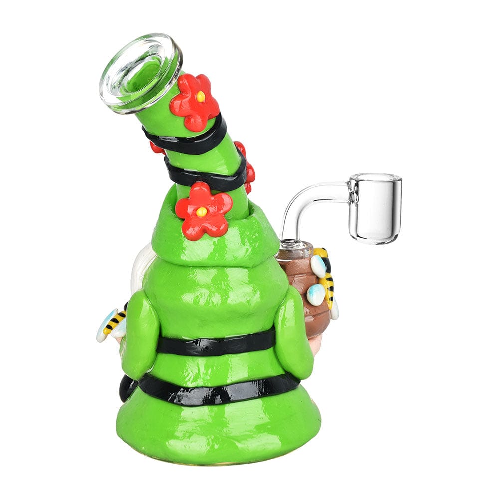 Front view of the 7-inch Flower Gnome Glass & Enamel Dab Rig, showcasing a colorful, sculpted gnome with a glass joint.