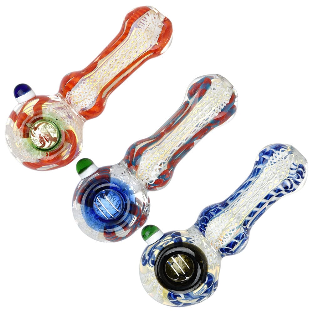 A front view of the Luscious Lace Glass Spoon Pipe, showing a colorful glass pipe with a curved design.