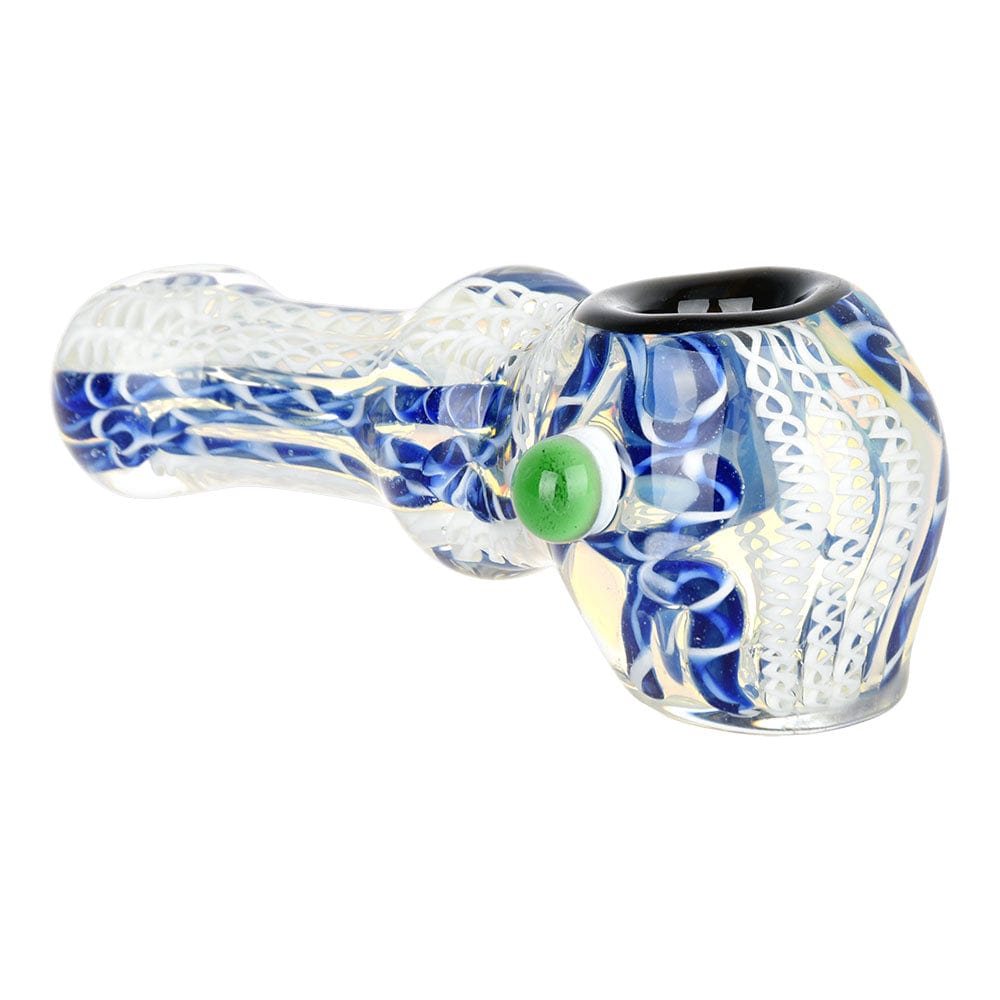 A close-up, angled view of the Luscious Lace Glass Spoon Pipe, showing its colorful glass design.