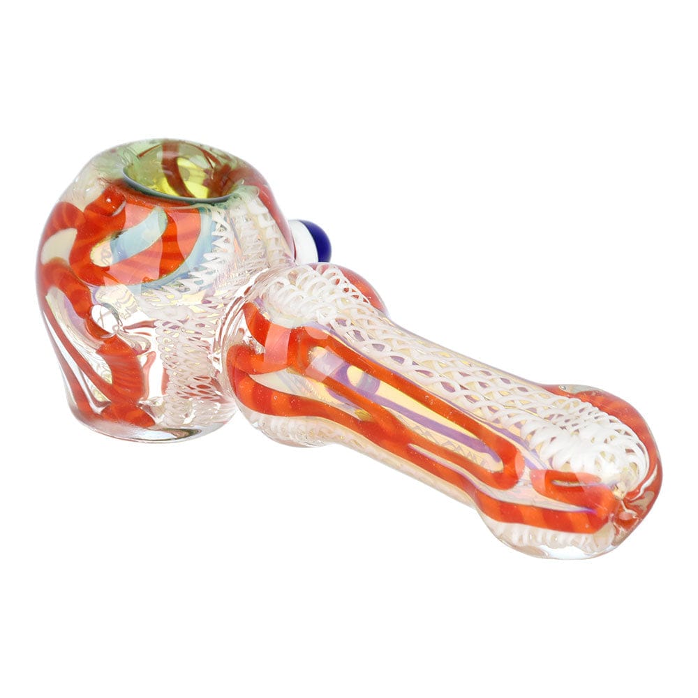 A detailed side view of the Luscious Lace Glass Spoon Pipe, showing its curved shape and colorful glass design.