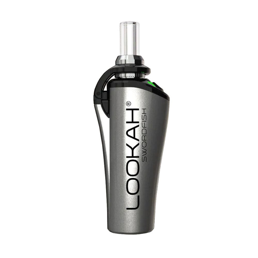 A sleek, silver-colored Lookah Swordfish Concentrate Vape Pen is shown in a close-up, angled view against a dark background.