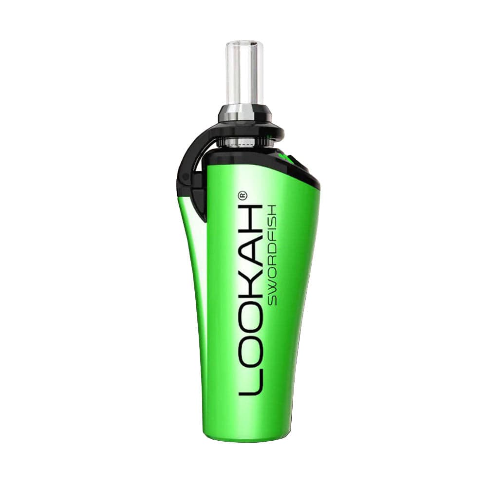Front view of the Lookah Swordfish Concentrate Vape Pen, a sleek, silver pen with a rounded tip.