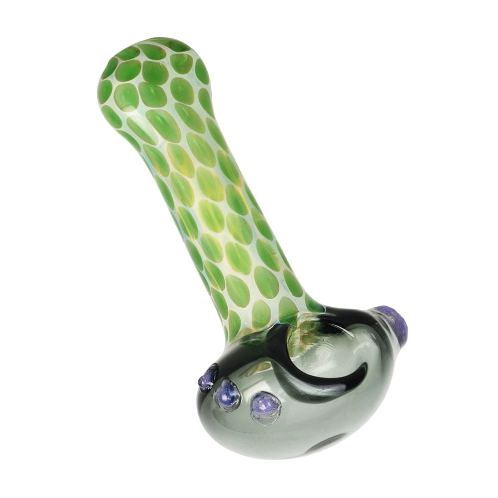 A side view of the 4-inch Mellow Turtle Spoon Pipe, showcasing its green-speckled glass design.