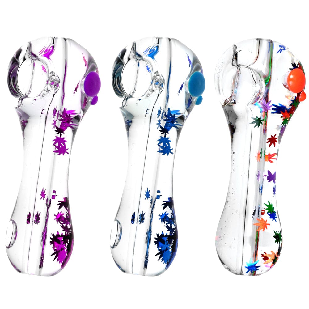 Front view of the Freezable Glycerin Leaf Glitter Spoon Pipe- 4.5", showing a clear glass pipe with colorful glitter accents.