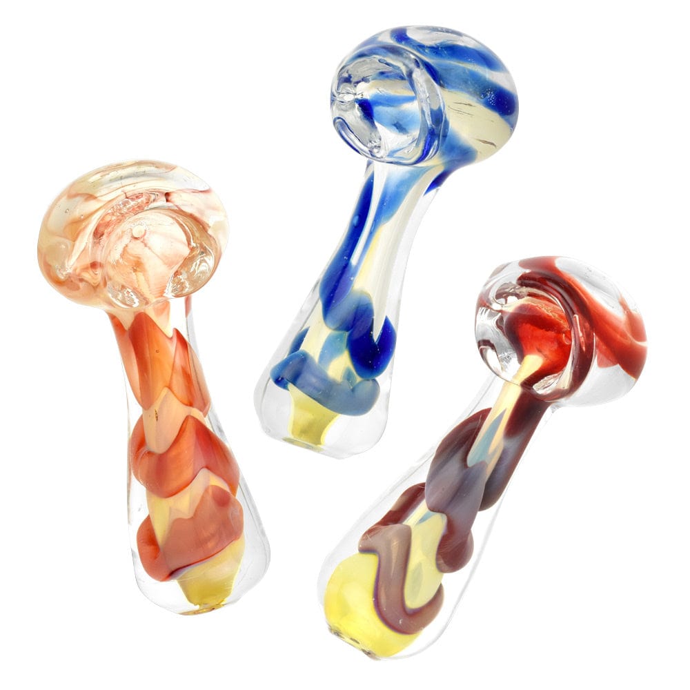 A close-up, angled view of the Fumed Jumbo Swirl Spoon Pipe, displaying swirling blue and white fumed glass.