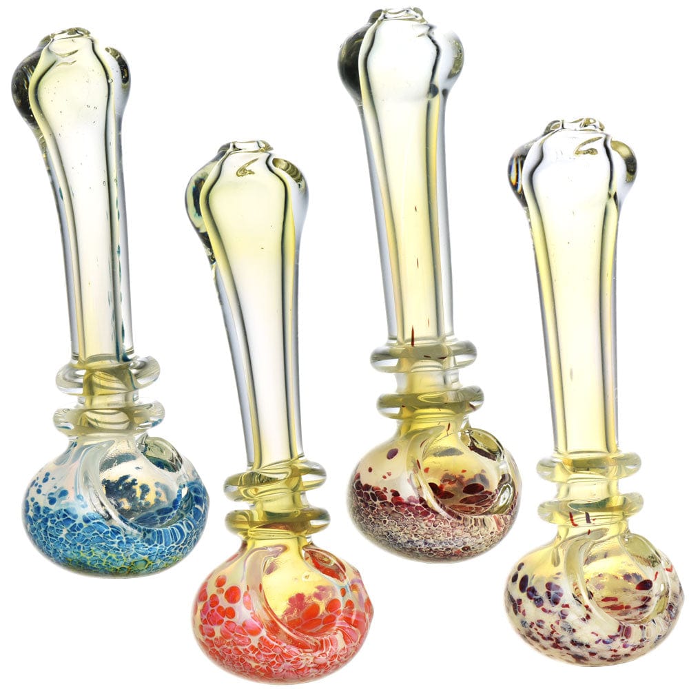 A front view of the 4.5" Fumed & Speckled Spoon Pipe, showcasing colorful speckled glass patterns in a curved design.