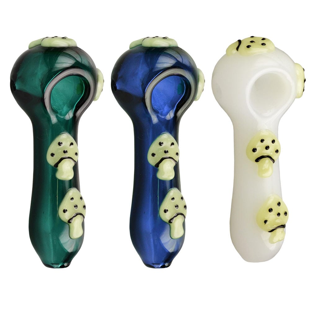 Front view of the 4-inch Glow in the Dark Mushroom Spoon Pipe, showcasing a blue glass pipe with molded mushroom details.