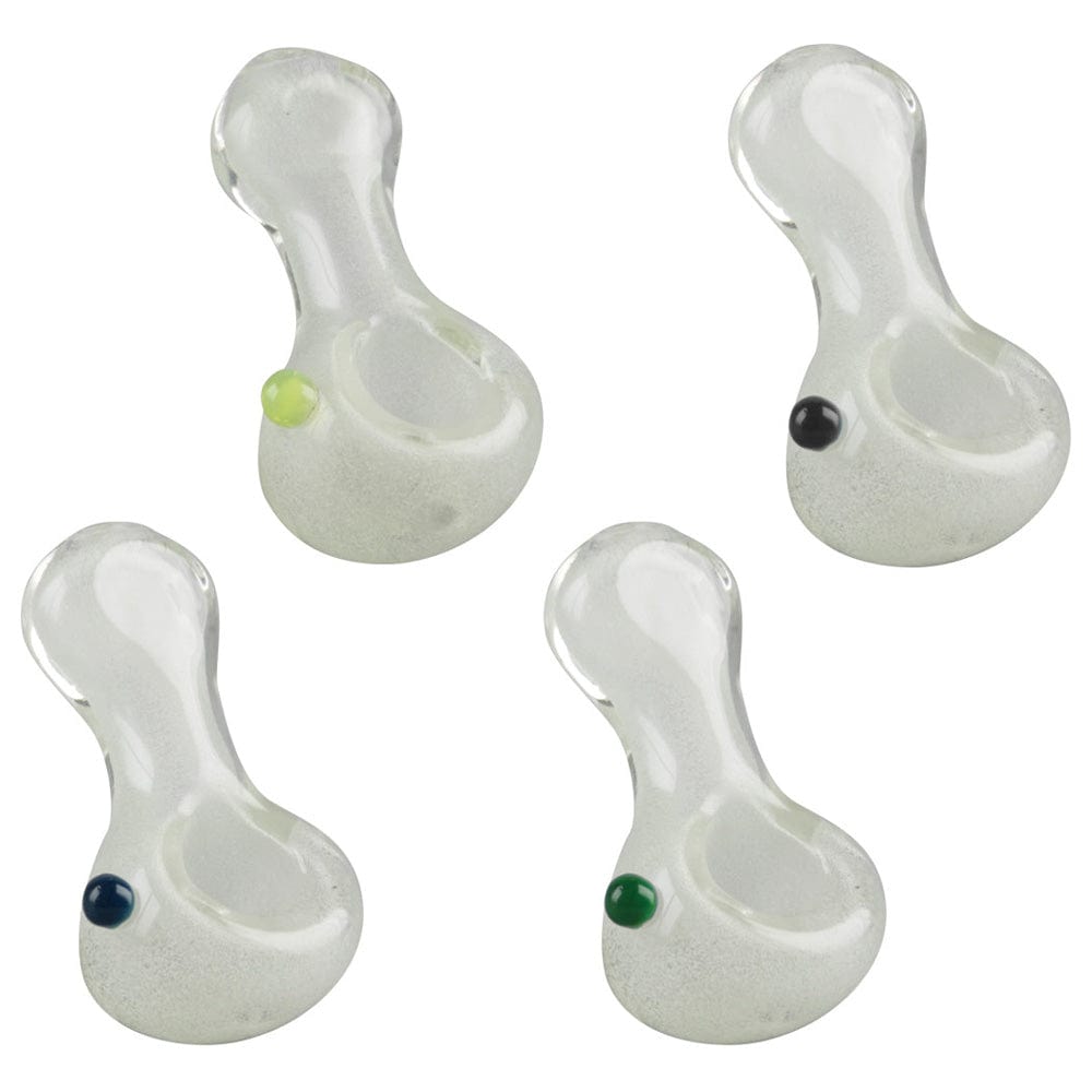A three-inch Glow Spoon Hand Pipe with a pinch tip and marble is shown in a top-down view against a white background.