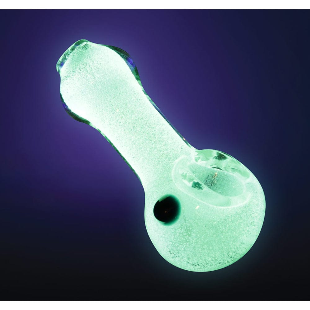 A close-up shot of the 3-inch Glow Spoon Hand Pipe w/ Marble, featuring a green glass bowl and a patterned marble accent.