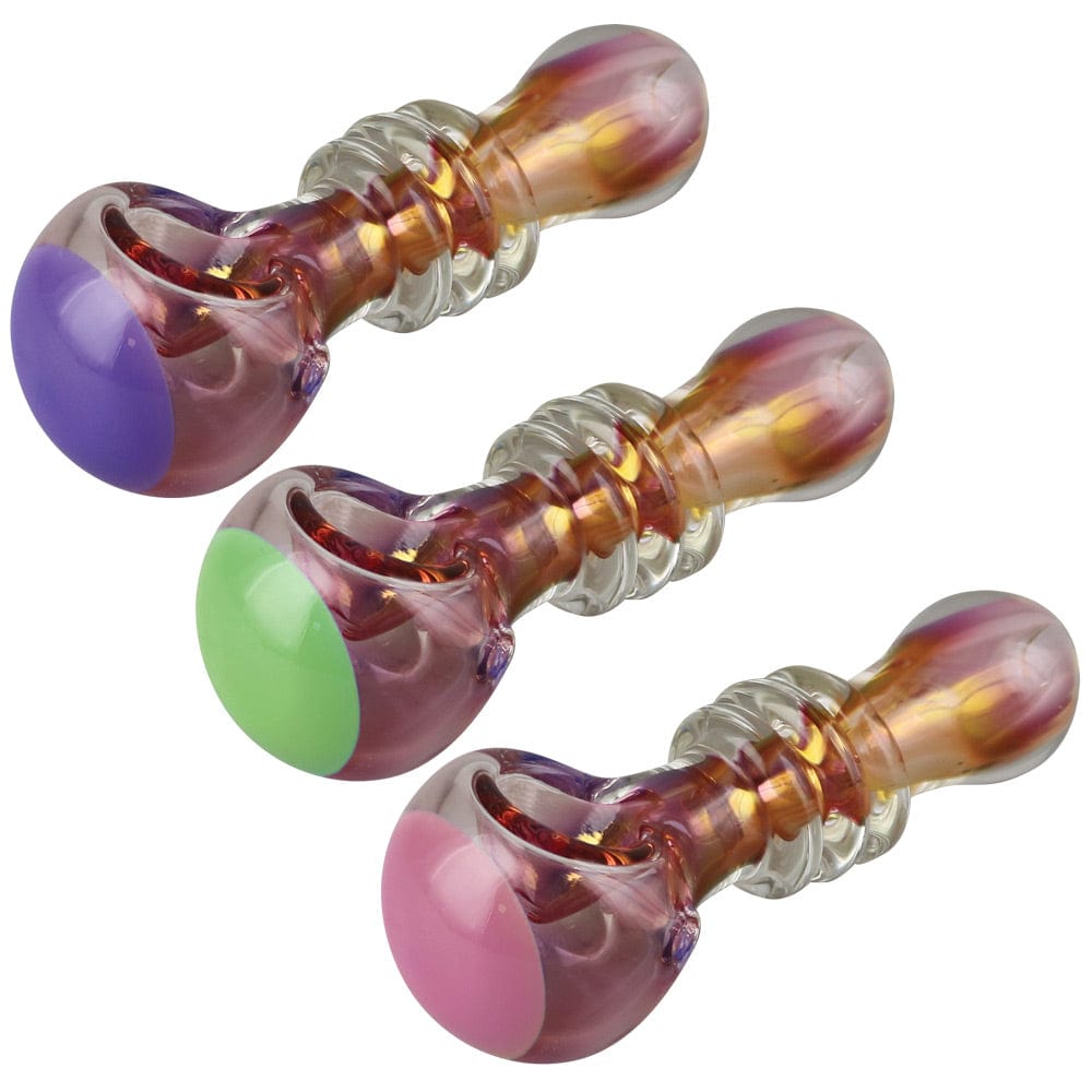A front view of the Gold Fumed Jetson Glass Spoon Pipe with vibrant color variations in the glass.