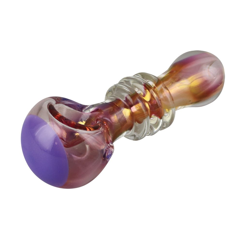 A side view of the Gold Fumed Jetson Glass Spoon Pipe, displaying its colorful glass swirl and curved design.