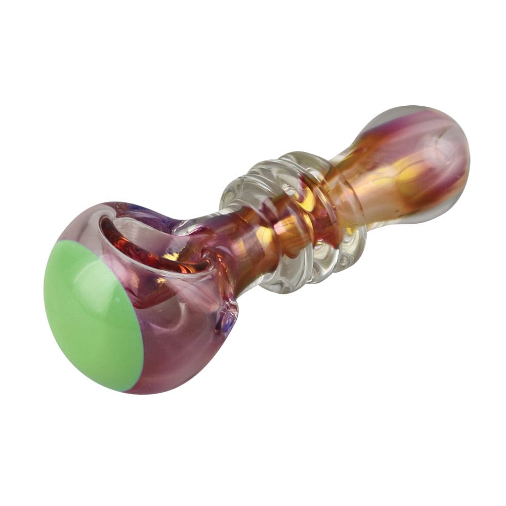 A three-quarter view of the Gold Fumed Jetson Glass Spoon Pipe, showing its colorful glass finish and curved design.