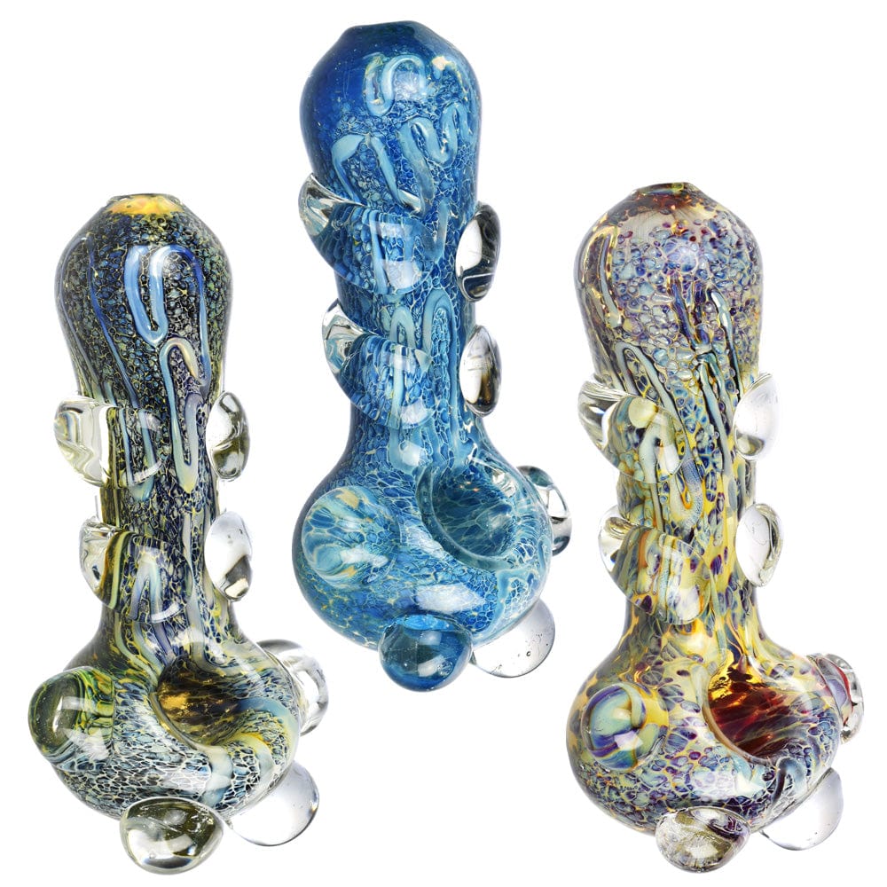 A front view of the Heavy Marble Glass Spoon Pipe, showcasing its blue marbled glass and curved design against a plain white backdrop.