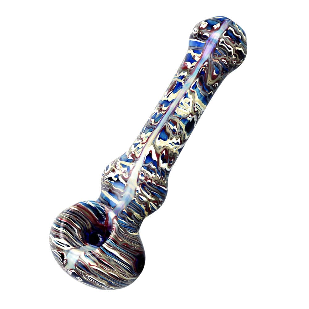 A side view of the Marbled Multicolor Spoon Pipe, showcasing its swirling, colorful glass design.