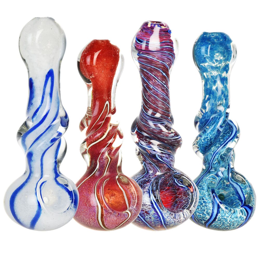 A front view of the 4.5" Mid Twist Marbled Spoon Pipe, showcasing its colorful, swirling marbled glass design.